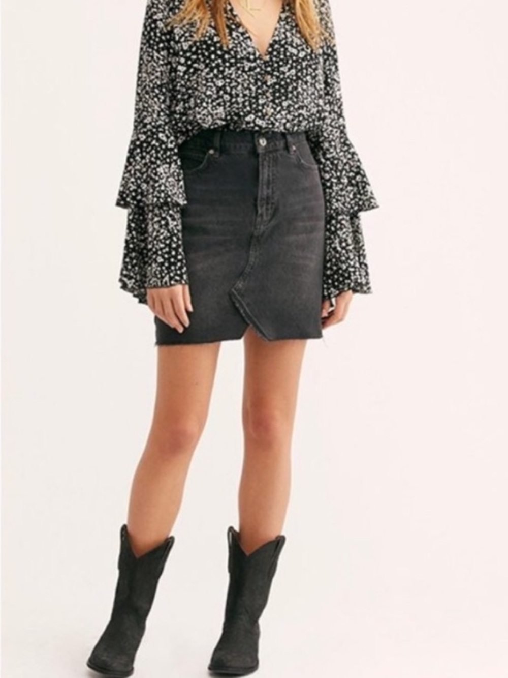We The Free Hallie Black Distressed Denim Jean Mini Skirt Size 24